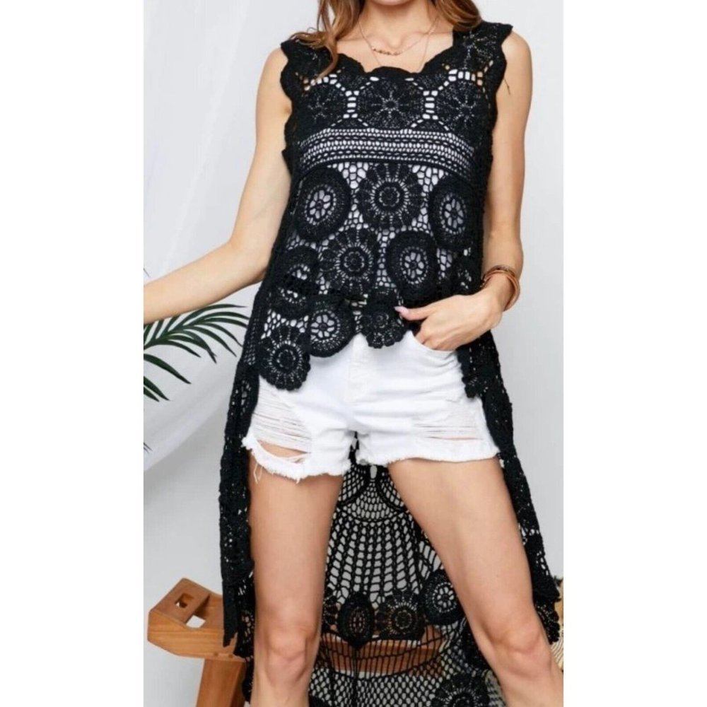 Adora Boho‎ Crochet Open Knit High Low Top Sleeveless Black Festival S/M - Picture 2 of 6